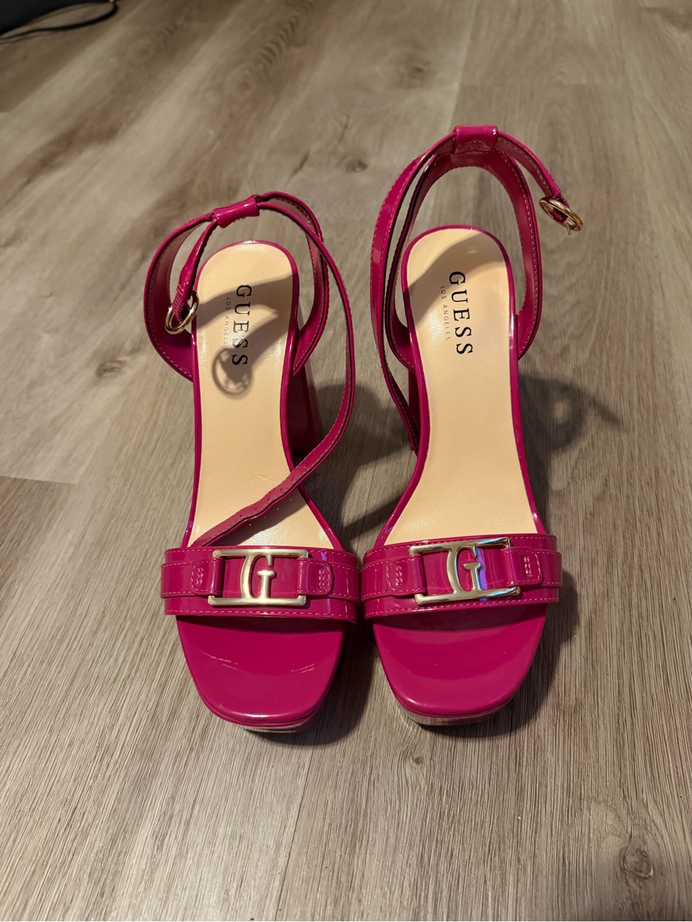 GUESS Fuchsia Patent Ankle-Strap Heeled Sandals